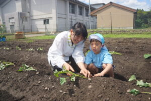 優しく土を被せて・・・上手に出来たね！の様子